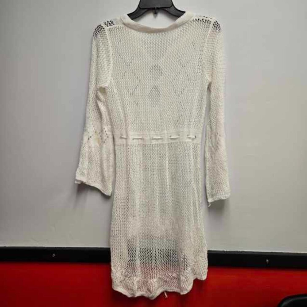Womens One Size White Crochet Knit Fishnet Boho Beach Coverup Dress Mini Flare - Picture 2 of 7